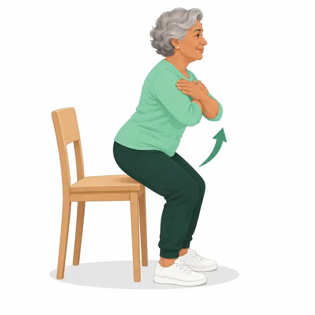 Ilustración: mujer mayor levantándose de una silla con los brazos cruzados sobre el pecho