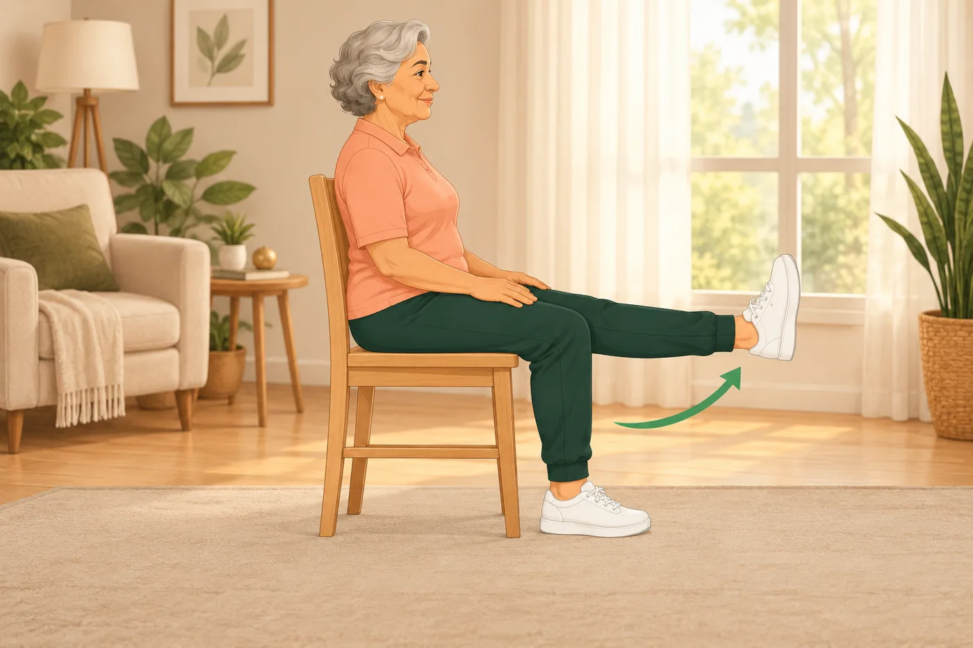 Mujer mayor sentada en una silla extendiendo una pierna, en una sala luminosa