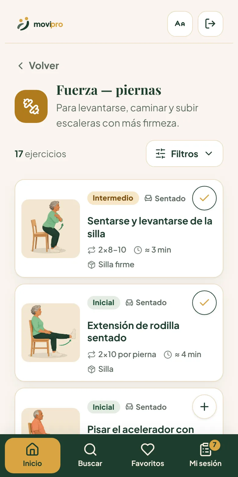Pantalla de la categoría Fuerza de piernas con la lista de fichas