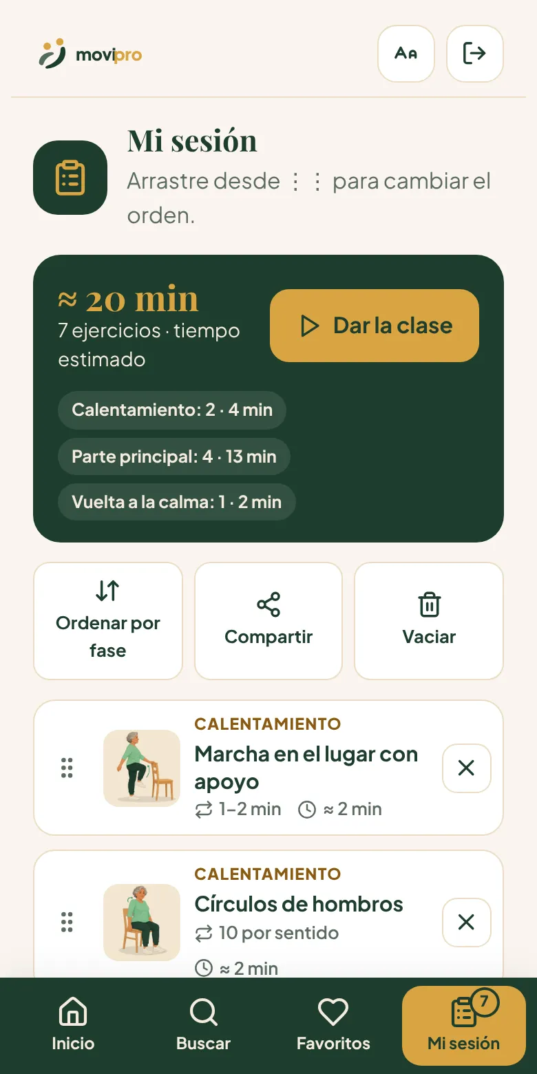 Pantalla de una sesión armada con 7 ejercicios y el tiempo total